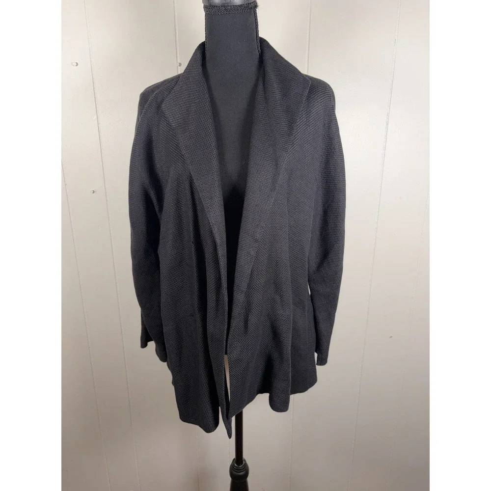 eileen fisher XL textured blazer cardigan‎ black linen cotton Waterfall Drape